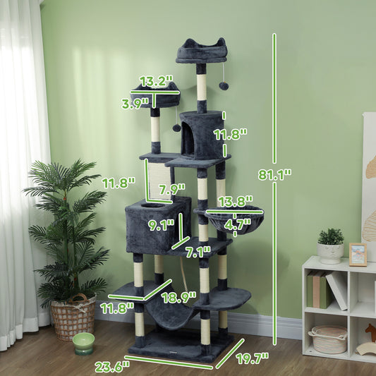 PawHut 81" Cat Tree w/ Cat Scratching Posts, Scratching Board, Condos, Beds, Hammocks, Toy Balls, Rope Cat Toy, Gray
