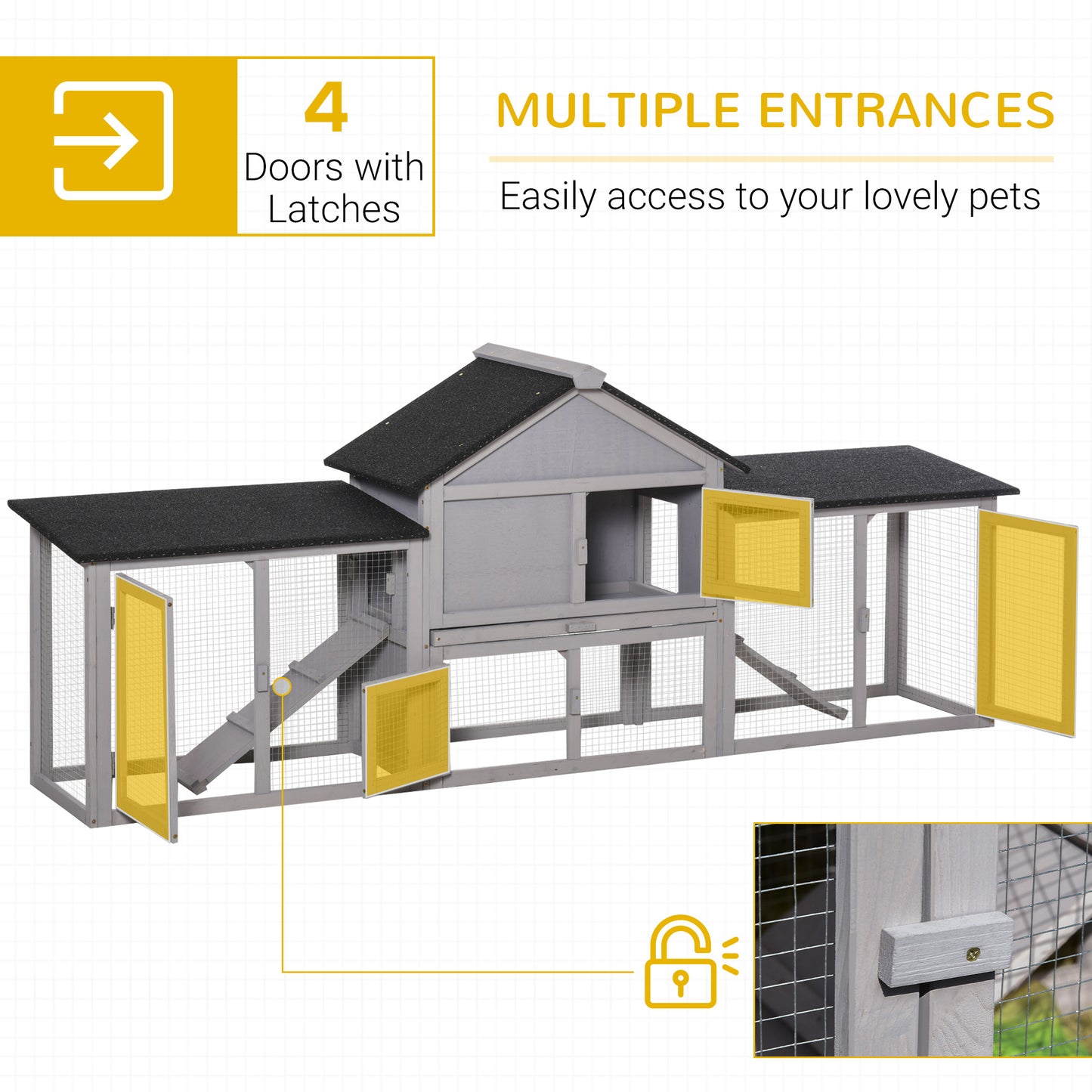 PawHut Outdoor Rabbit House 83" 2 Story Deluxe XL Wooden Rabbit Hutch Big Bunny Cage w/ Ladder and Run, Gray