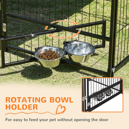 PawHut Outside Dog Kennel, 4.6' x 4.6' x 5' Puppy Play Pen with Canopy, Garden Playpen Fence Crate Enclosure Cage Rotating Bowl, for Dogs, Chickens, Ducks, Black