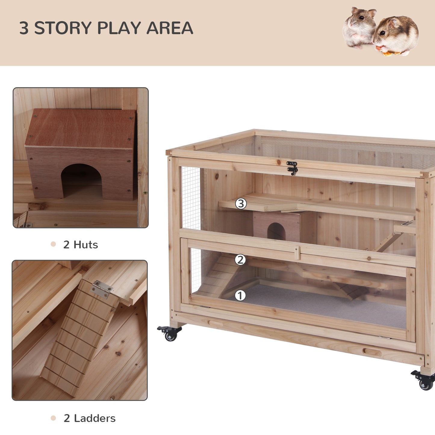 PawHut 3-Tier Wooden Hamster Cage, Small Animals Hutch with Ladders, Natural