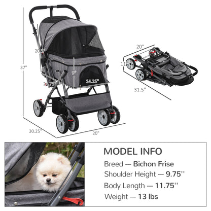 PawHut Pet Stroller Foldable Dog/Cat Travel Carriage with Reversible Handle EVA Wheels Brakes Storage Bag, 3-stage Canopy, Zippered Mesh Window Door, Grey