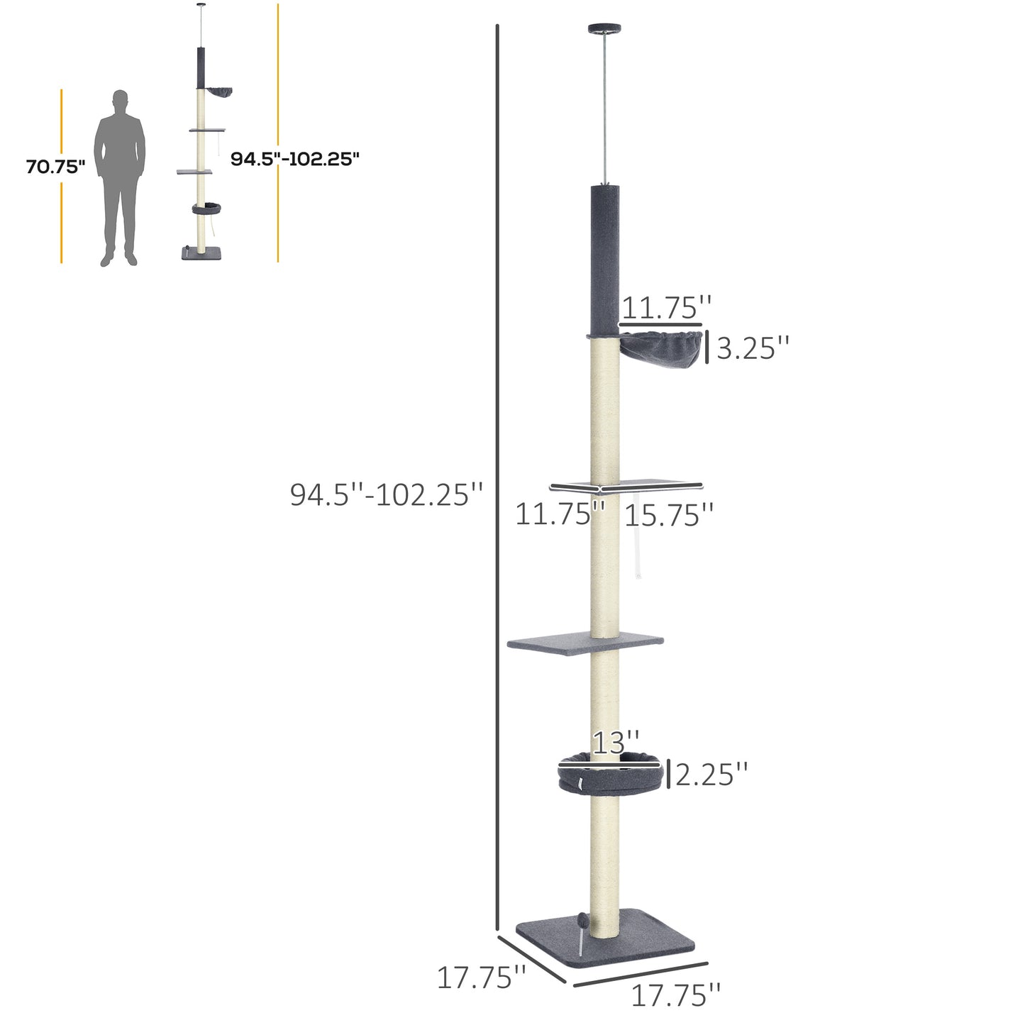 PawHut Floor To Ceiling Cat Tree, 5-Tier Cat Climbing Tower, 95''-106'' Height Adjustable with Carpeted Platforms, Cozy Bed, Hammock, Scratching Post & Toy Ball for Indoor Cats, Dark Gray and Cream