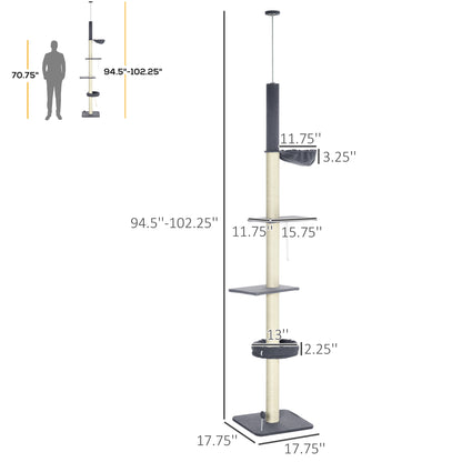 PawHut Floor To Ceiling Cat Tree, 5-Tier Cat Climbing Tower, 95''-106'' Height Adjustable with Carpeted Platforms, Cozy Bed, Hammock, Scratching Post & Toy Ball for Indoor Cats, Dark Gray and Cream