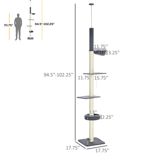 PawHut Floor To Ceiling Cat Tree, 5-Tier Cat Climbing Tower, 95''-106'' Height Adjustable with Carpeted Platforms, Cozy Bed, Hammock, Scratching Post & Toy Ball for Indoor Cats, Dark Gray and Cream