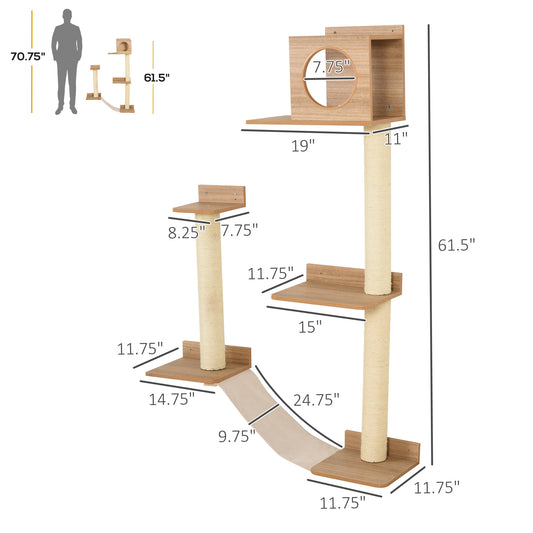 PawHut Cat Shelf for Wall, Multi Level Cat Tree Tower with Cat Condo, Sisal Scratching Posts, Cat Perches, Ladder, Cat Wall Furniture for Indoor Use