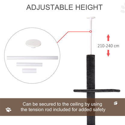 PawHut Cat Tree Floor to Ceiling Condo w/ Jute Scratching Post Dangling Ball Adjustable 86.5" H -96.5" H, Grey