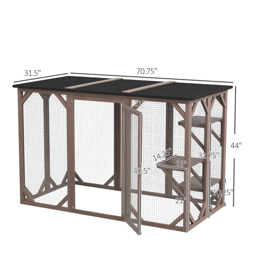 PawHut Outdoor Cat House, Catio Wooden Feral Cat Shelter, Cat Cage with Platforms, Large Enter Door, Weather Protection Asphalt Roof, 71" L, Brown