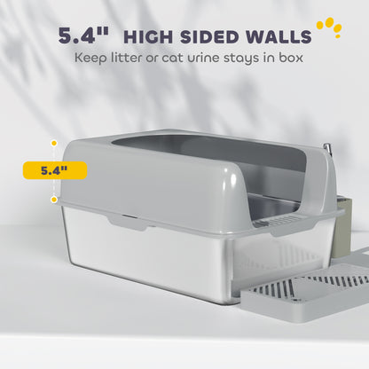 PawHut High Sided Stainless Steel Litter Box with Metal Scoop & Scoop Holder, for Easy Clean& Anti-Urine Leakage, Light Gray