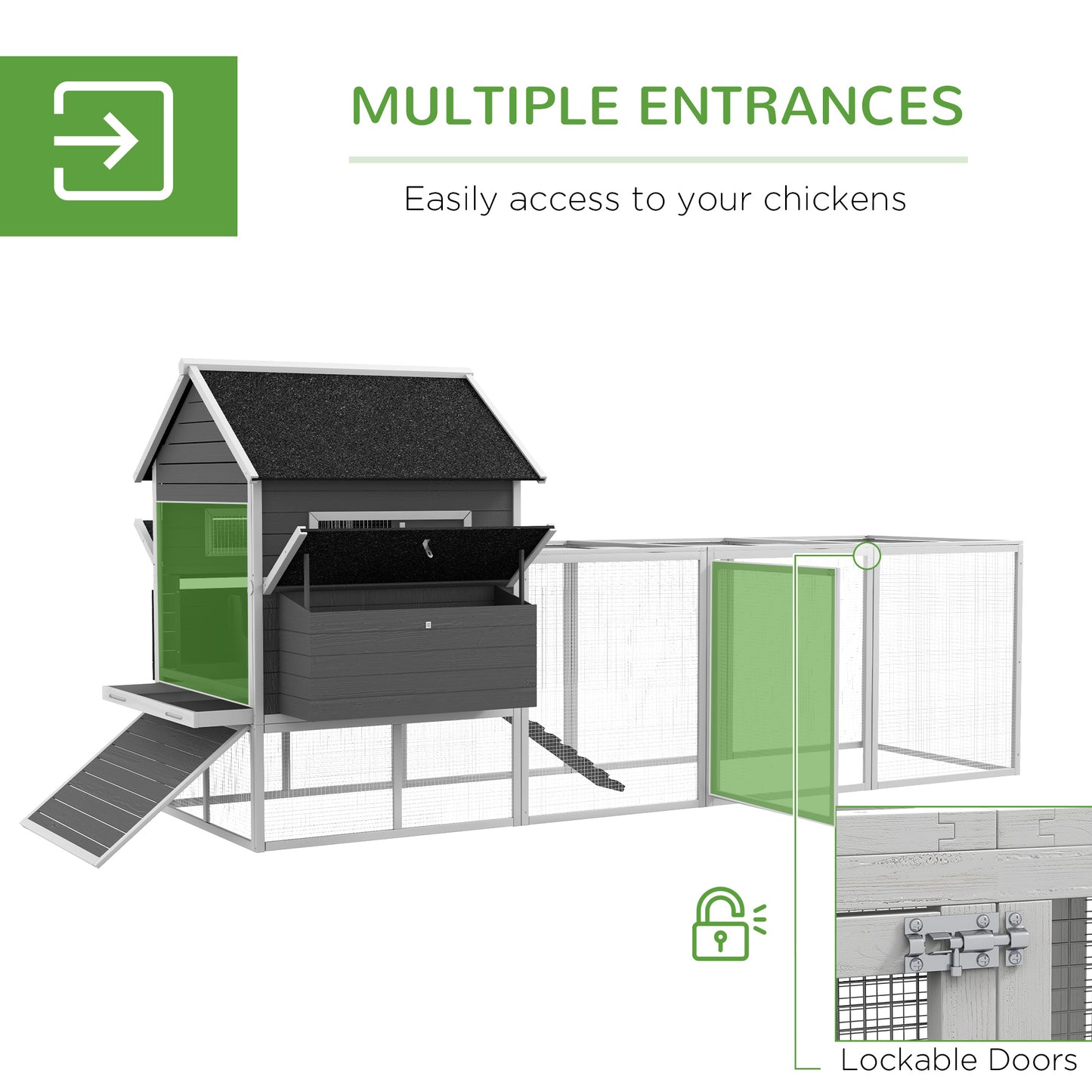 PawHut 137" Wooden Chicken Coop for 8-10 Chickens, Backyard, Gray