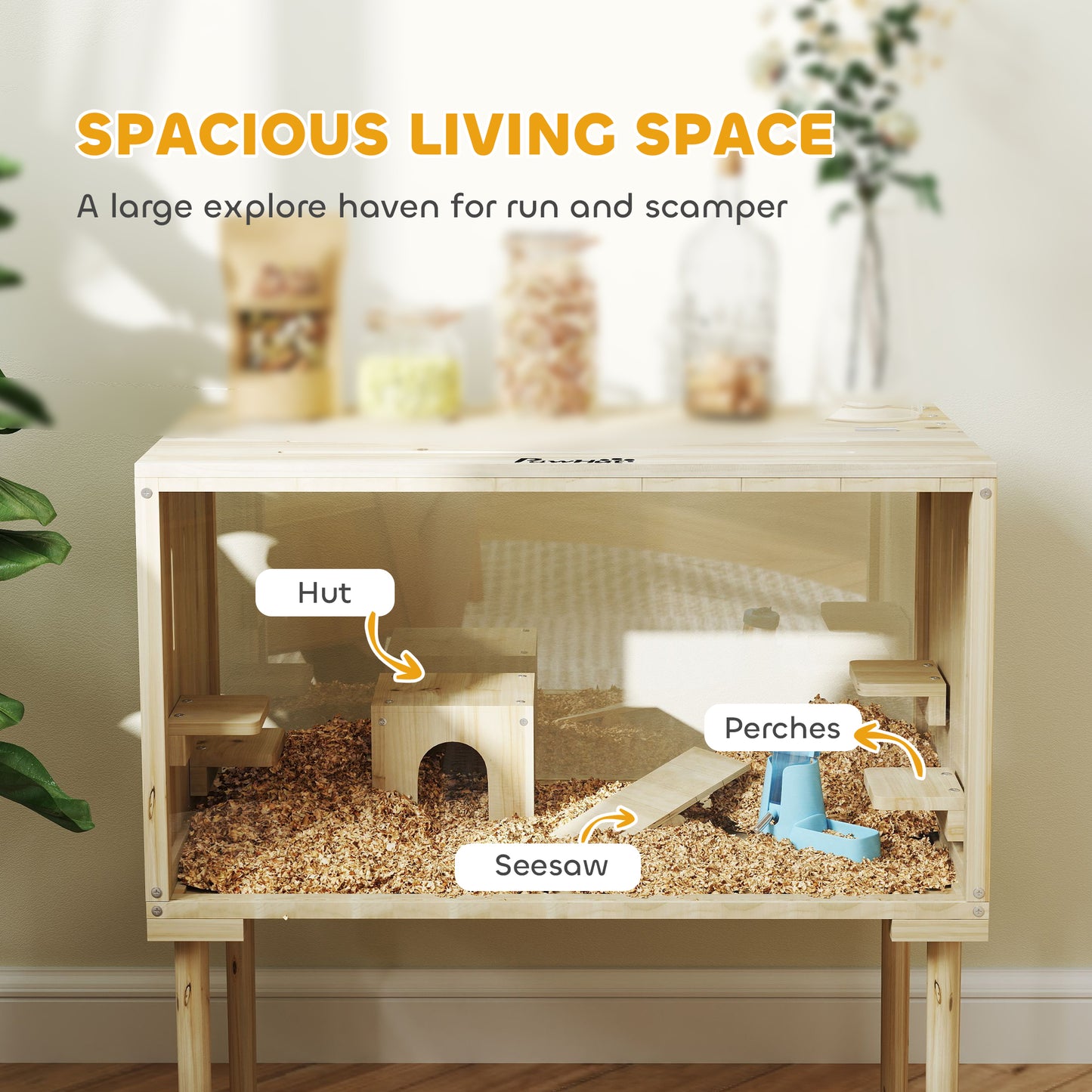 PawHut Wooden Hamster Cage with Legs, Gerbil Cage for Syrian, Dwarf, Mouse, 28" x 16" x 29.5", Nature Wood