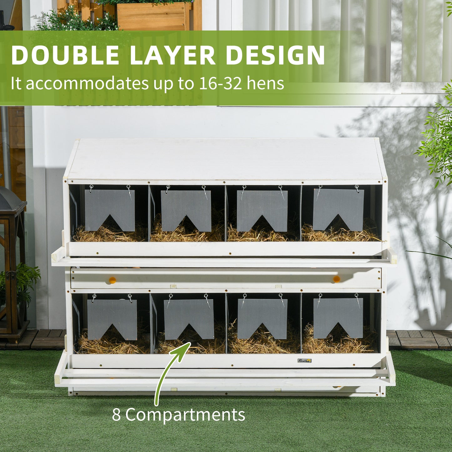 PawHut Chicken Nesting Box, 8 Compartment Wood Laying Boxes for Chicken Coop with Egg Collection Trays Perches for 16-32 Hens