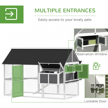 PawHut Wooden Chicken Coop with Run, 2 Nesting Boxes, 2 Roosting Bars, Ramp & Tray, Poultry Cage for 6-8 Chickens, Gray
