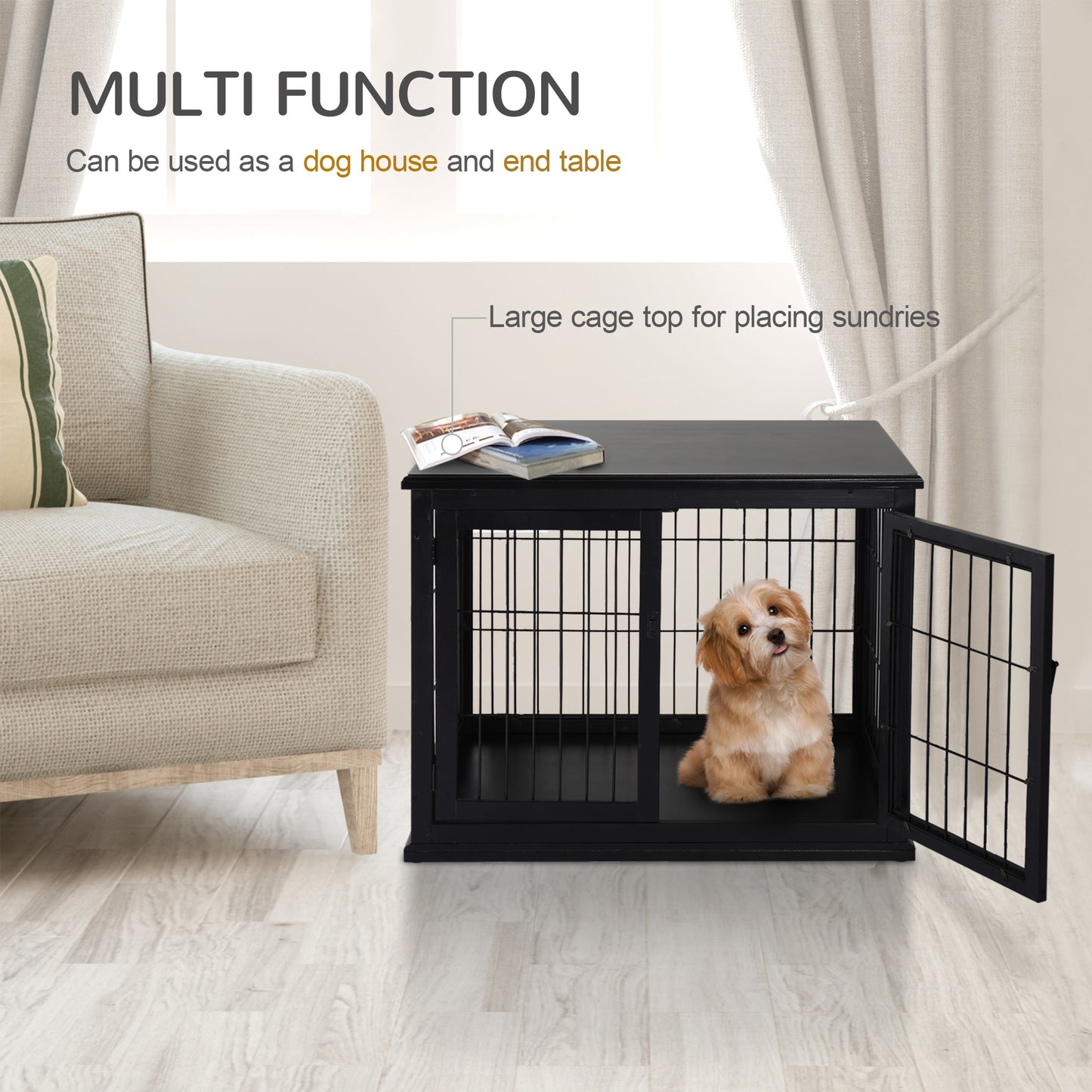PawHut Dog Crate Furniture, 32" Small Dog Cage End Table with 2 Doors, Lockable Door, Puppy Kennel Indoor, Black