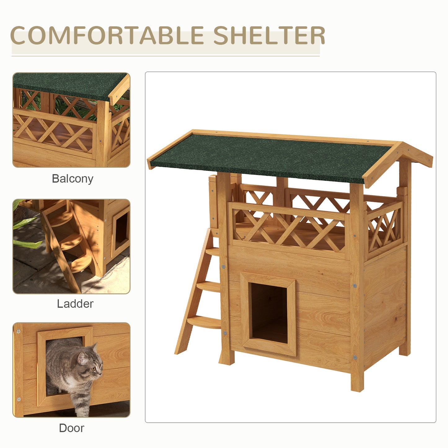 PawHut Outdoor Cat House, Wooden Kitten Condo, Natural