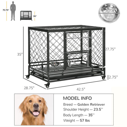 PawHut Heavy Duty Dog Crate, Metal Dog Cage Kennel with Lockable Wheels, Slide-Out Tray, Food Bowl and Double Doors, 42.5"