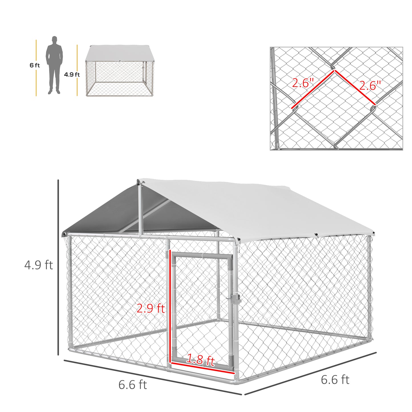 PawHut 6.6' x 6.6' x 4.9' Dog Kennel Outdoor for Small Medium Dogs with Waterproof Roof, Silver