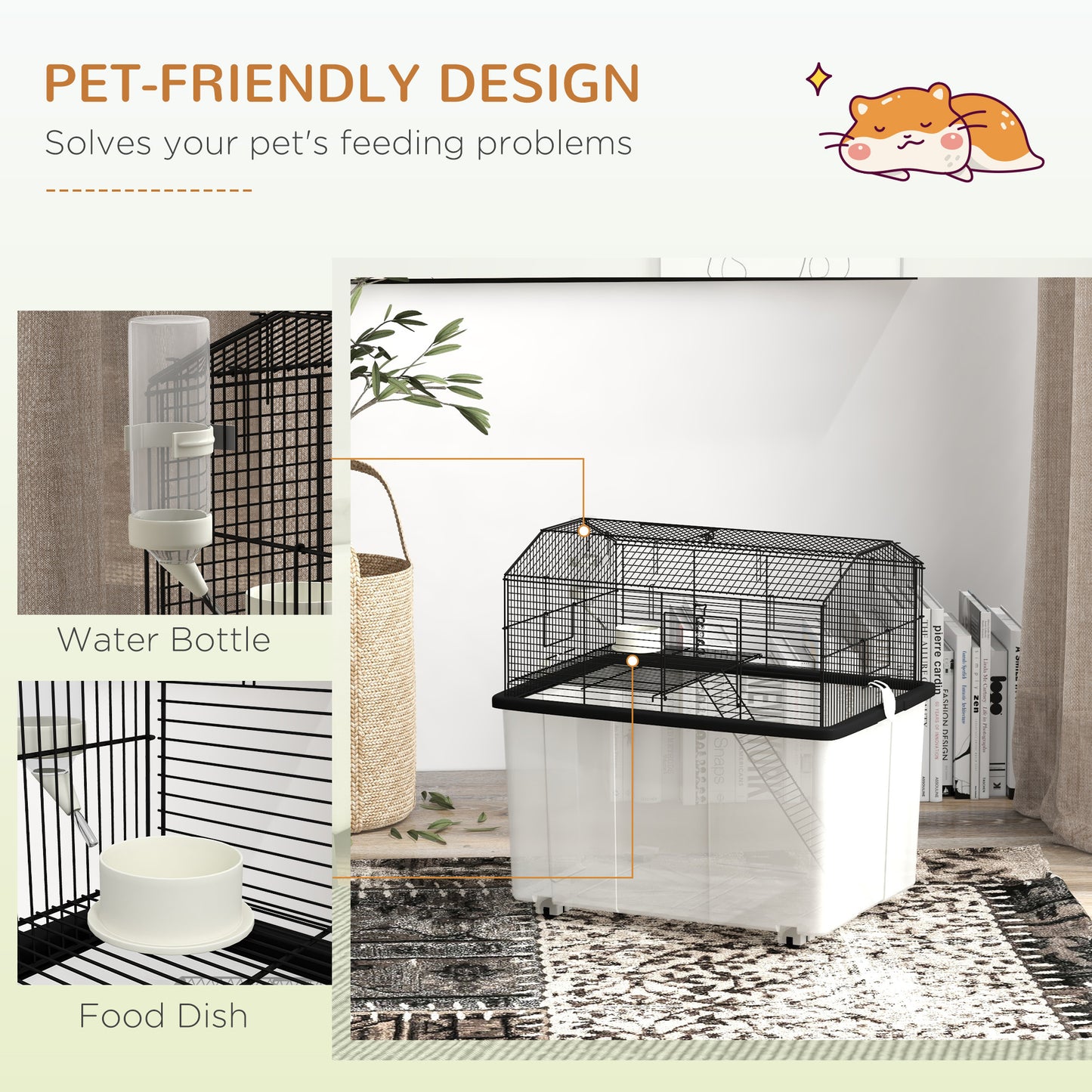 PawHut 22" 2-Tier Hamster Cage with Extra-Deep 14" Base, Small Animal Cage with Ramp, Water Bottle, Food Dish, Wheels, Black