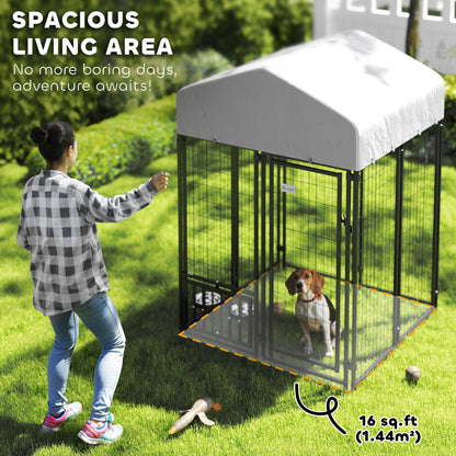 PawHut Welded Wire Outdoor Dog Kennel with 360° Rotating & 4 Levels Adjustable Bowls, Waterproof Cover, 3.9' x 3.9' x 6'