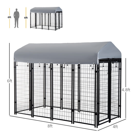 PawHut Outdoor Dog Kennel with Roof, 8' x 4' x 6' Heavy Duty Welded Wire Dog Playpen Enclosure with Escape-proof Lock, UV-Resistant & Waterproof Cover, for Large Dogs, Silver