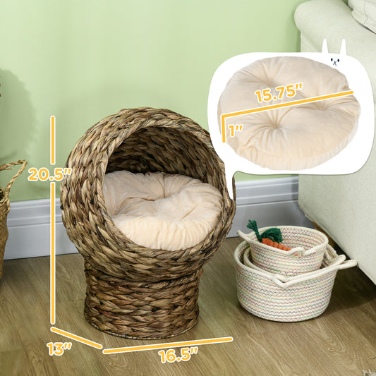 PawHut Handwoven Elevated Cat Bed with Soft Cushion & Cat Egg Chair Shape, Cat Basket Bed Kitty House with Stand, Raised Wicker Cat Bed for Indoor Cats, 20.5" H, Gray