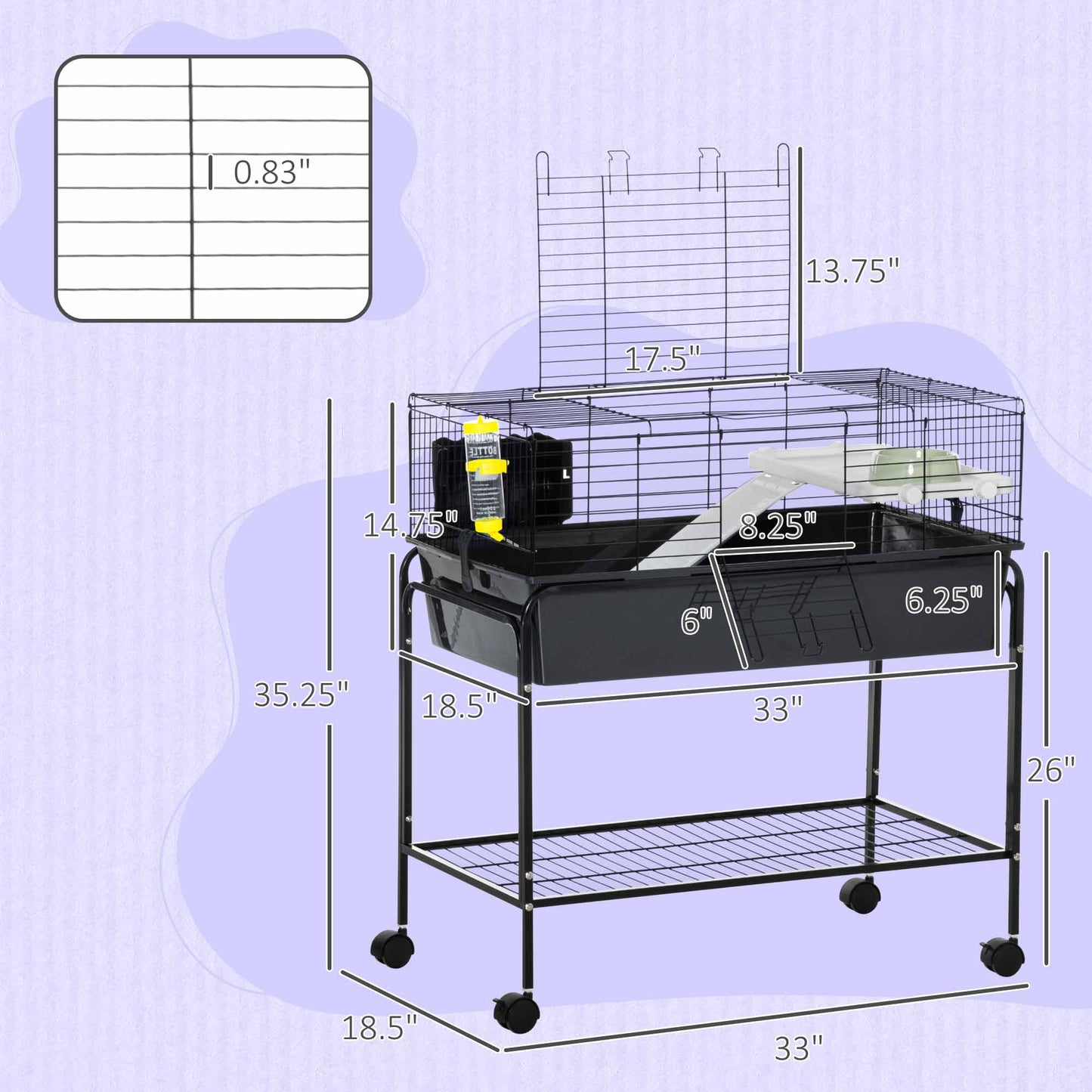 PawHut Two-Story Small Animal Cage Removable from Stand, Pet Habitat with Shelf & Wheels, 33" x 18.5" x 35", Charcoal Gray