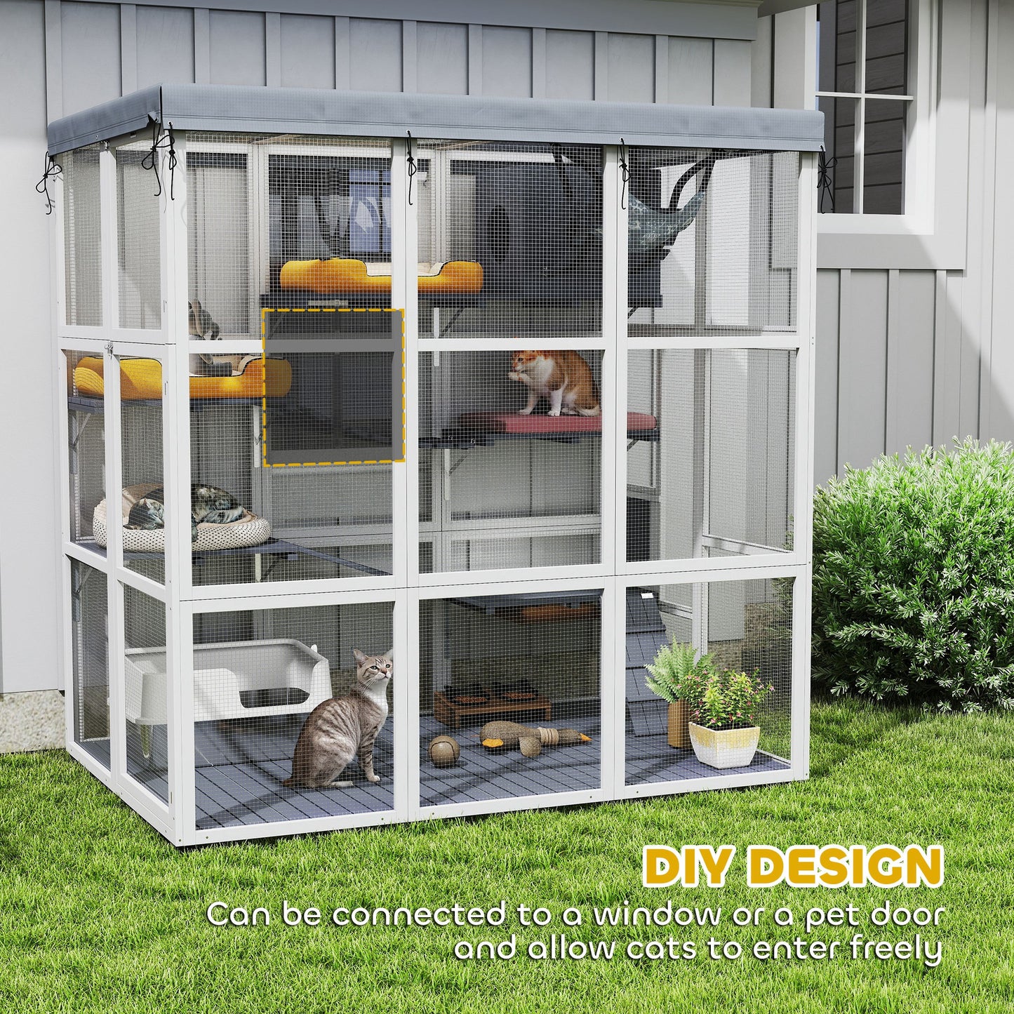 PawHut Large Outdoor Catio Cat Enclosure with Hammock, Condo, Jump Platforms, Ladders, Ramps, Tarp, for 2-4 Large Cats, Gray