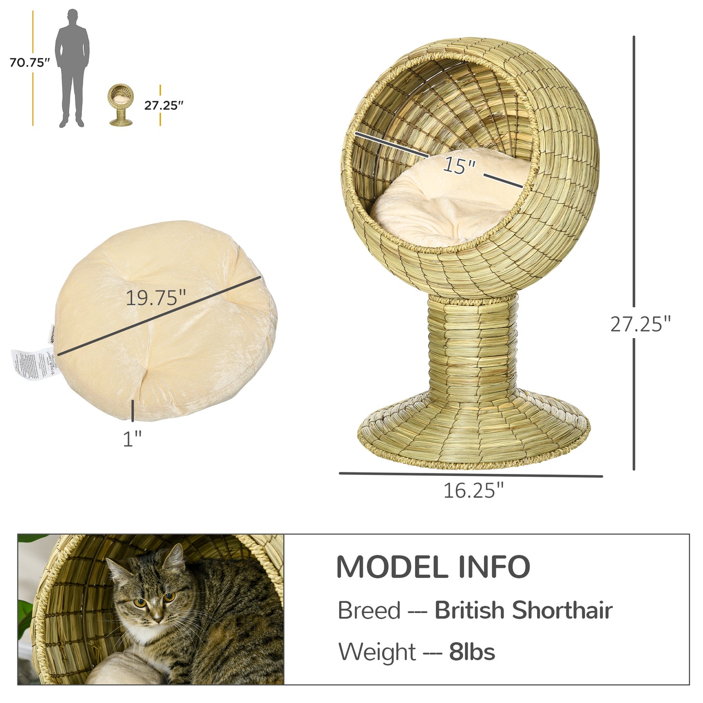 PawHut Elevated Cat Bed with Rotatable Egg Chair Pod, Cat Basket Bed with Thick Cushion, Natural Mat Grass Woven Kitty House, Yellow