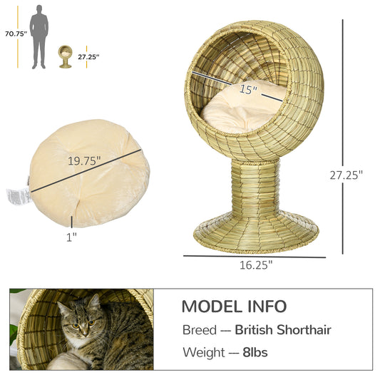 PawHut Elevated Cat Bed with Rotatable Egg Chair Pod, Cat Basket Bed with Thick Cushion, Natural Mat Grass Woven Kitty House, Yellow