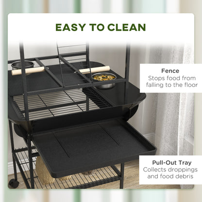 PawHut Bird Stand with Wheels, Perches, Stainless Steel Feed Bowls, Pull-Out Tray for Indoor Outdoor Small Parrot, Dark Gray