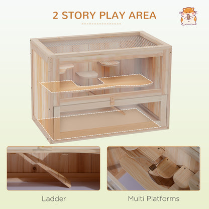 PawHut 2-Level Hamster Cage Mice and Rat House, Small Animal Habitat for Guinea Pigs, Chinchillas with Openable Top, Front Door, Shelf and Ladder, Natural