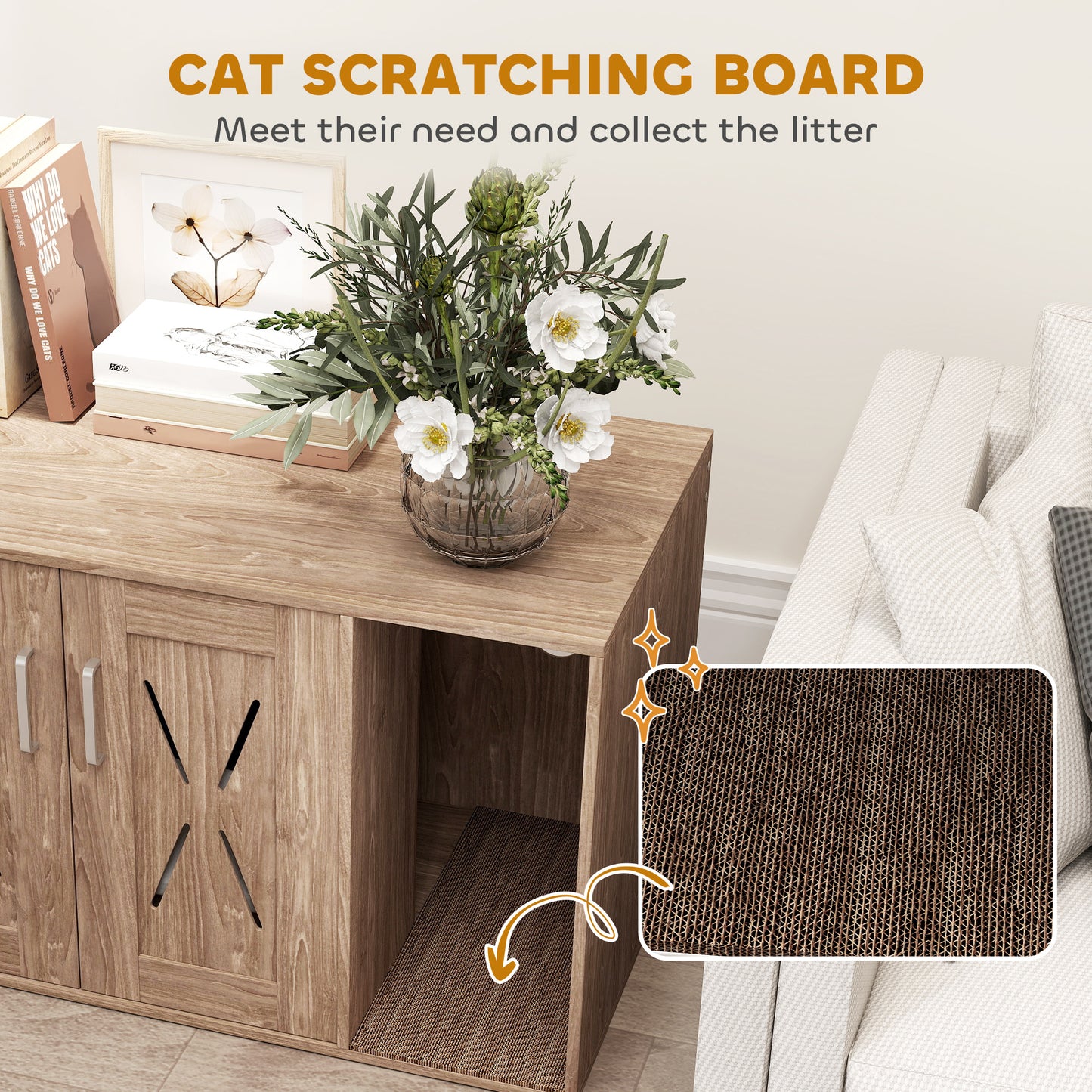 PawHut Cat Litter Box Enclosure with Scratching Board, Cat Washroom End Side Table, 31.5" x 19" x 20", Walnut Brown