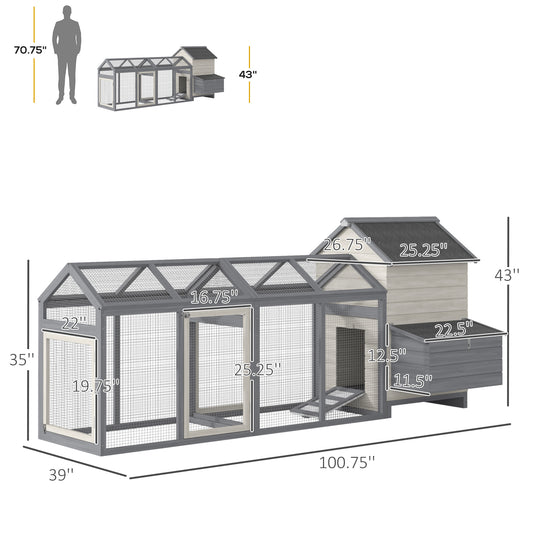 PawHut 100" Chicken Coop Wooden Chicken House Large Rabbit Hutch Poultry Cage Backyard with Double Run, Nesting Box, Gray