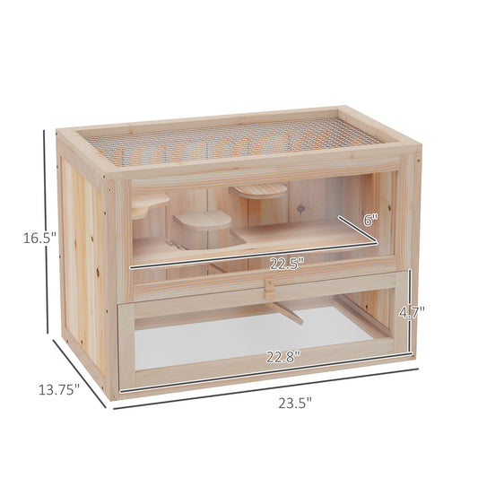 PawHut 2-Level Hamster Cage Mice and Rat House, Small Animal Habitat for Guinea Pigs, Chinchillas with Openable Top, Front Door, Shelf and Ladder, Natural