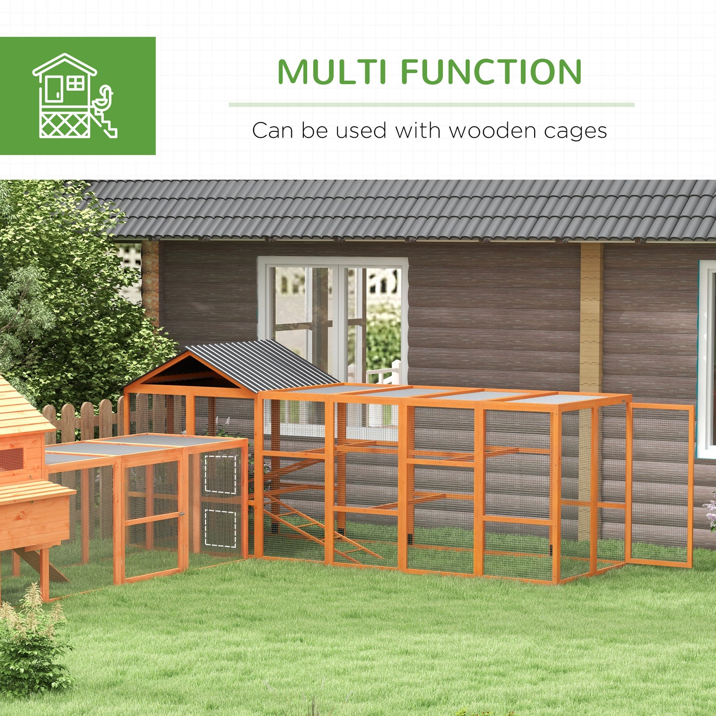 PawHut Wooden Chicken Coop Run for 6 - 10 Chickens, Hen House Add-On with Storage, Perches, 141.75" x 48" x 61", Orange
