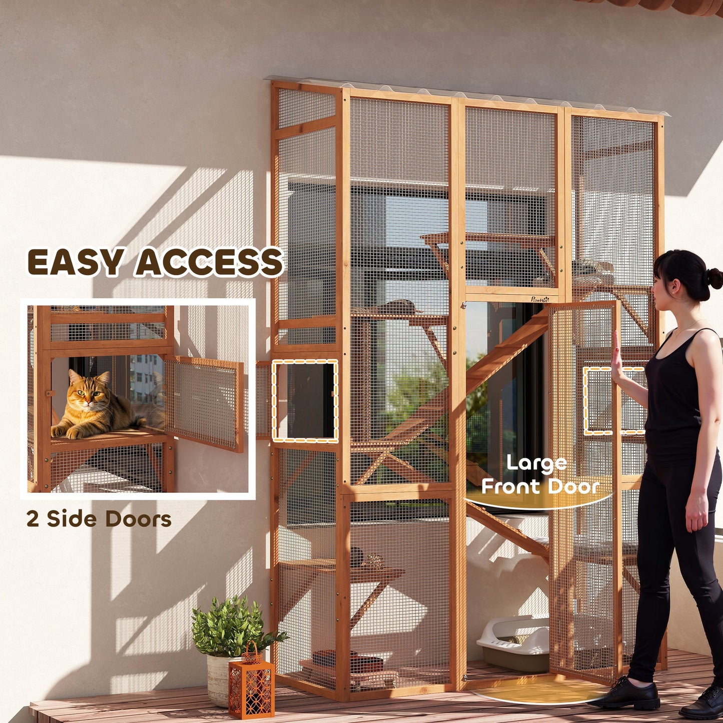 PawHut Outdoor Catio Cat Enclosure, Large Wooden Cat House with 6 Jumping Platforms, Scratching Post, 2 Ramps, for 2-3 Kittens