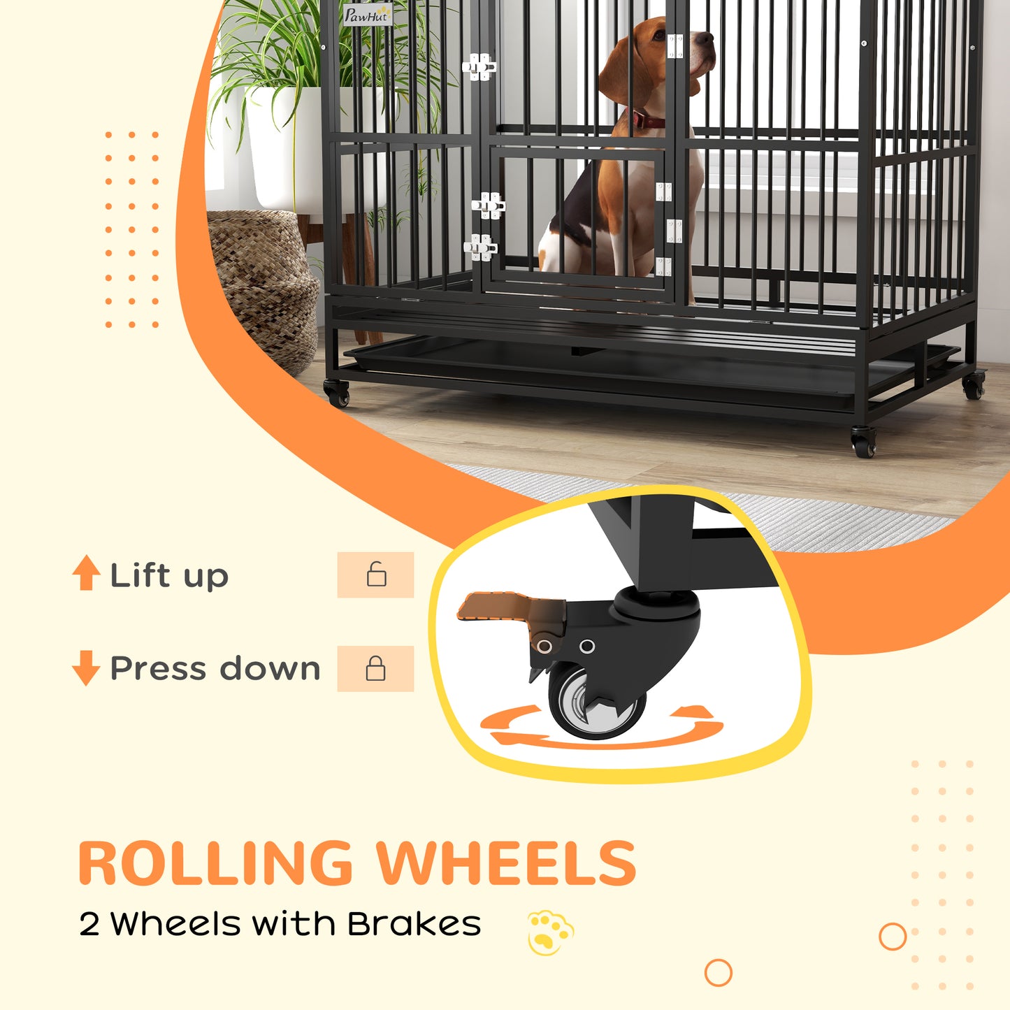 PawHut 48" Heavy Duty Dog Crate with 4 Lockable Wheels, Double Doors, and Removable Tray, for XL and L Dogs