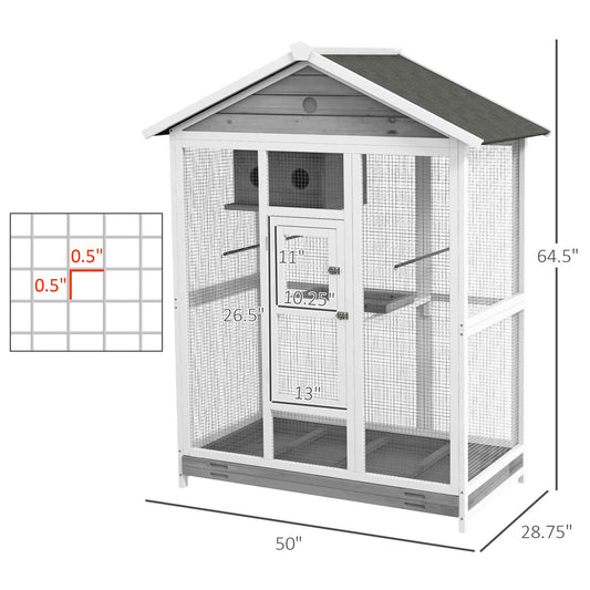 PawHut 64.5" Wooden Bird Cage Aviary, Flight Cage with 4 Perches, Nest and Slide-Out Tray for Indoor/Outdoor, Gray