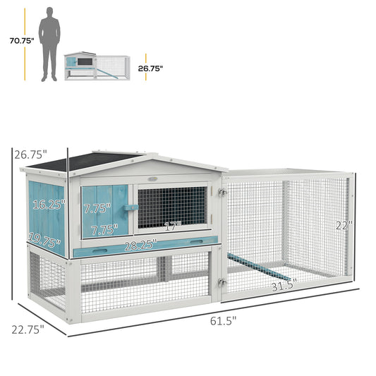 PawHut Rabbit Hutch 2-Story Bunny Cage, Guinea Pig Cage, Small Animal House with Slide Out Tray, for Rabbits, Chickens, Ducks, Indoor Outdoor, 61.5" x 23" x 27", Light Blue