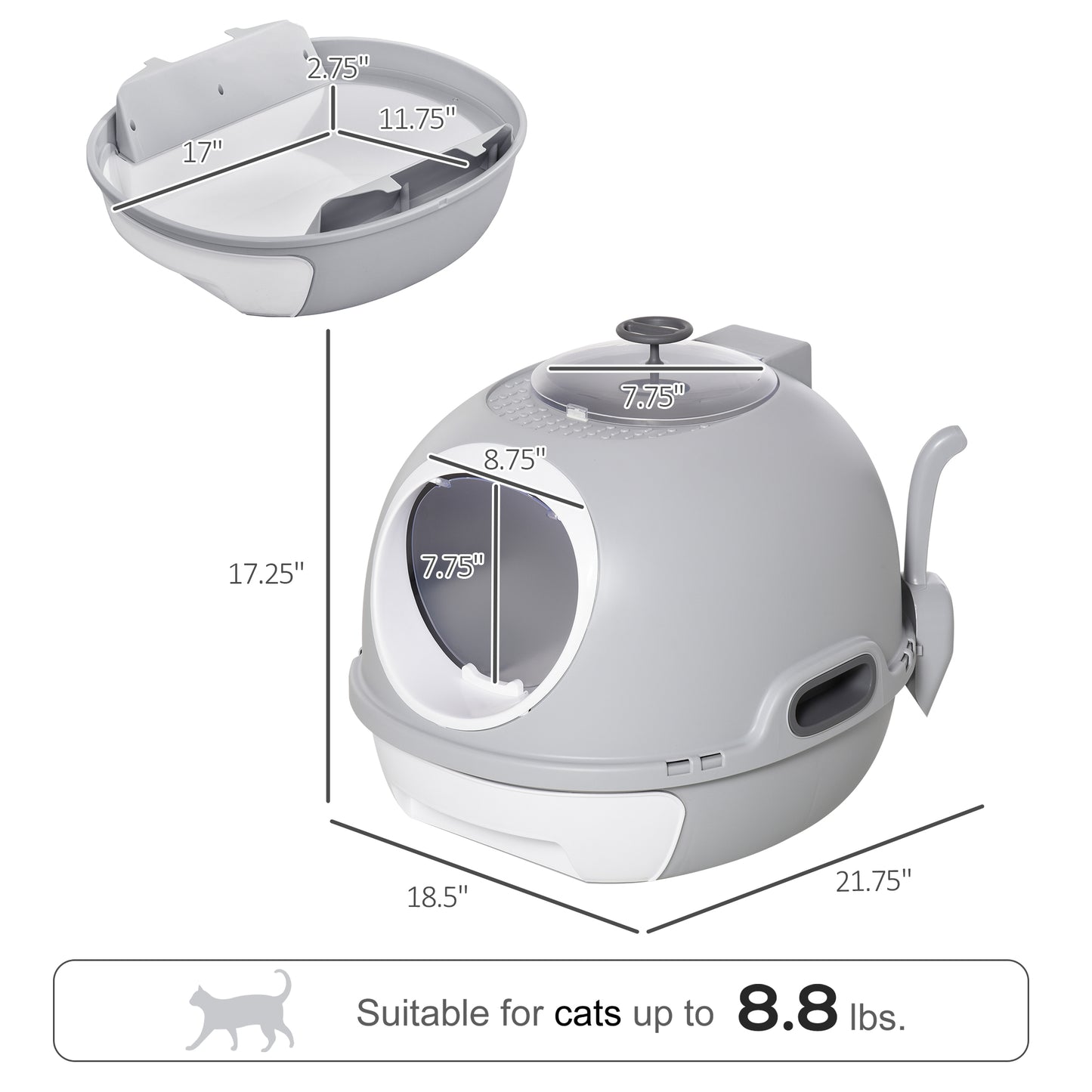 PawHut Cat Litter Box Toilet with Lid, Covered Litter Box with Scoop, Enclosed Drawer, and Skylight, Gray