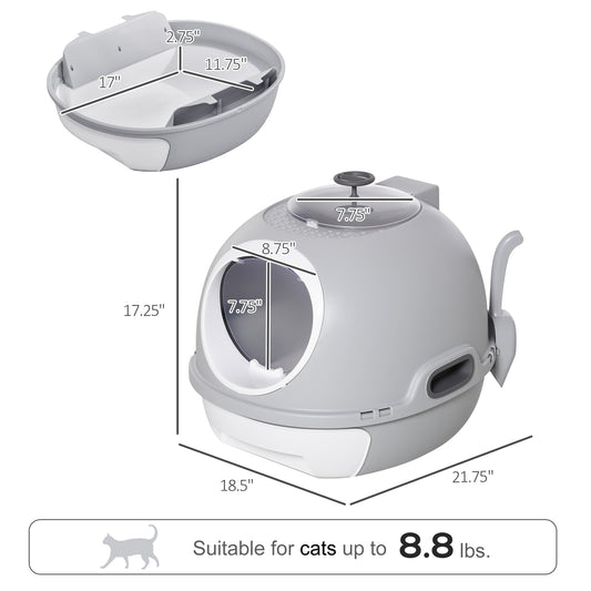 PawHut Cat Litter Box Toilet with Lid, Covered Litter Box with Scoop, Enclosed Drawer, and Skylight, Gray