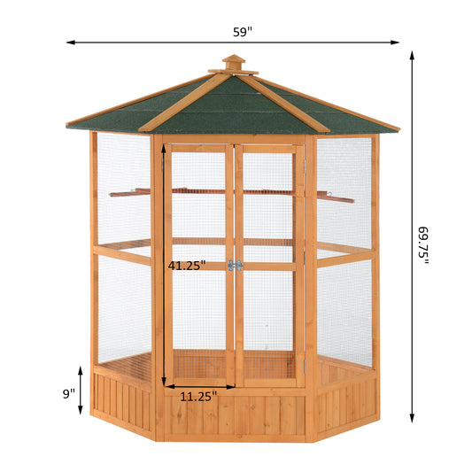 PawHut 69" Wooden Hexagonal Outdoor Aviary Flight Bird Cage With Covered Roof, Brown