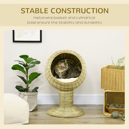 PawHut Elevated Cat Bed with Rotatable Egg Chair Pod, Cat Basket Bed with Thick Cushion, Natural Mat Grass Woven Kitty House, Yellow