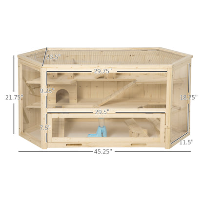 PawHut Wooden Large Hamster Cage Small Animal Exercise Play House 3 Tier with Tray, Seesaws, Water Bottle, Activity Center, Natural
