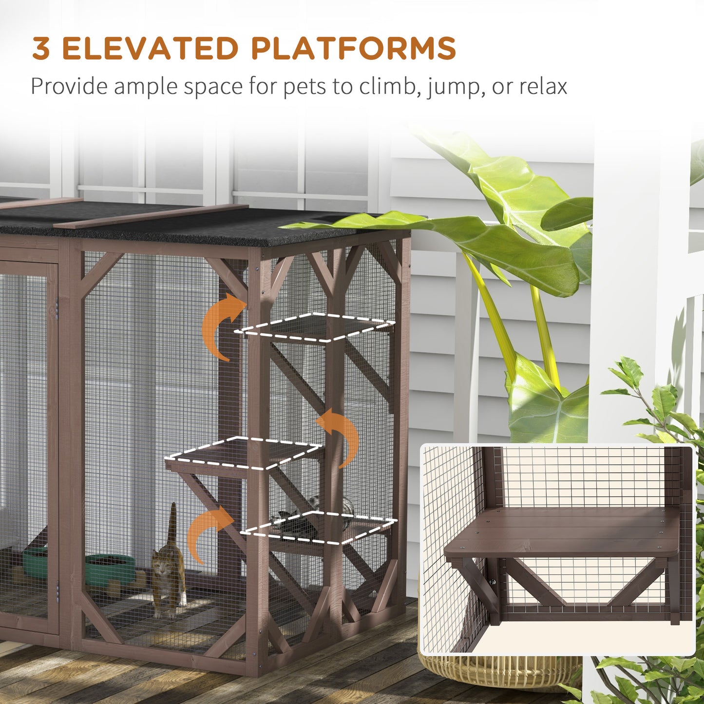 PawHut Outdoor Cat House, Catio Wooden Feral Cat Shelter, Cat Cage with Platforms, Large Enter Door, Weather Protection Asphalt Roof, 71" L, Brown