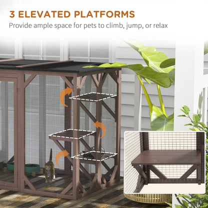 PawHut Outdoor Cat House, Catio Wooden Feral Cat Shelter, Cat Cage with Platforms, Large Enter Door, Weather Protection Asphalt Roof, 71" L, Brown
