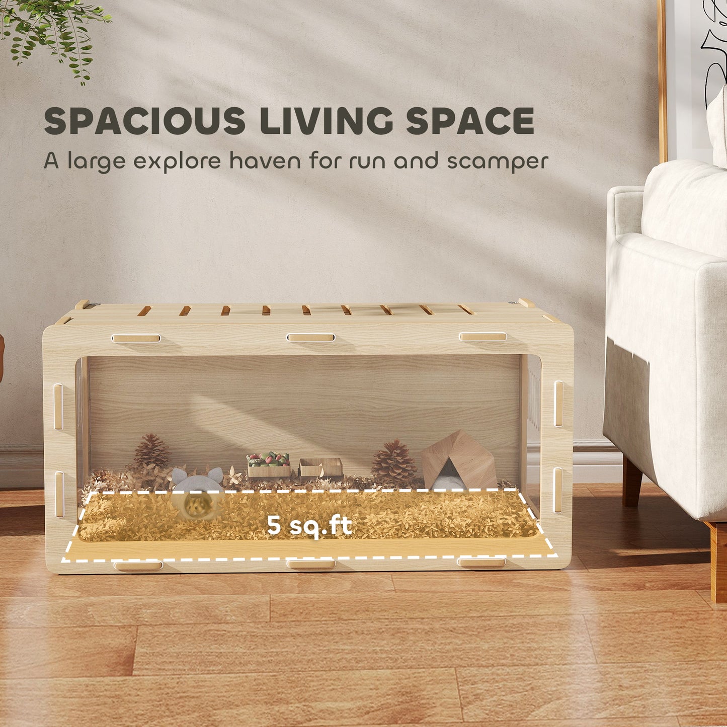 PawHut Hamster Cage with Easy View Acrylic Panels, Air Vents & Openable Roof, for Gerbil, Guinea Pig, 39" x 20" x 18.5", Oak