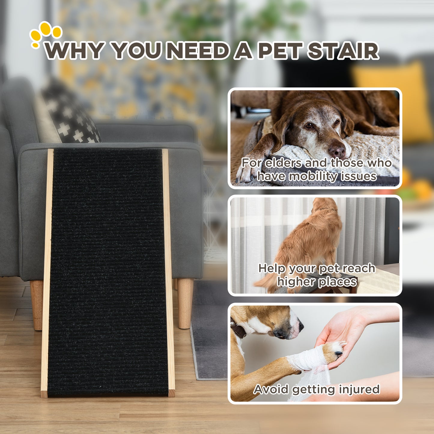 PawHut Elevated Dog Ramp for Bed, Foldable and Height Adjustable Pet Ramp for Cats with Non-Slip Finish, Pine 35.5" L x 16" W x 24" H, Black