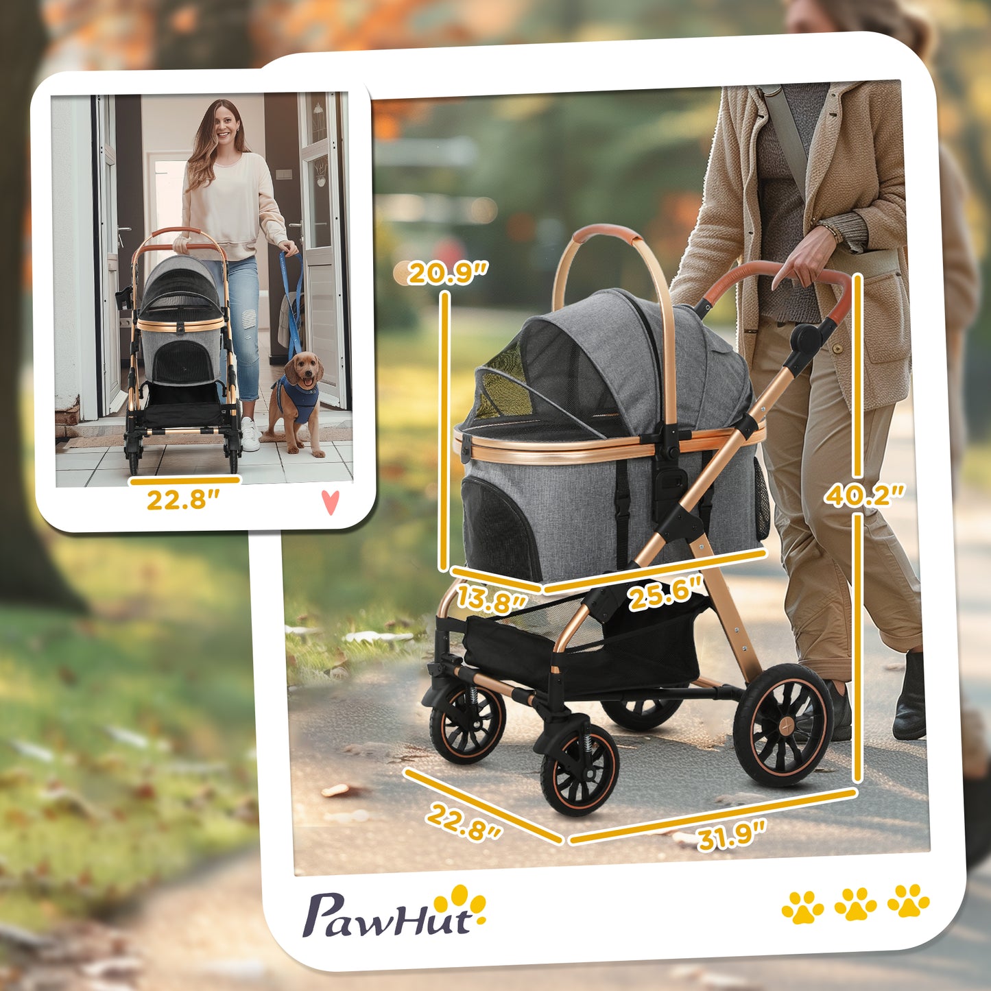 PawHut 3 in 1 Dog Stroller with Detachable Cabin, 4 Wheel Folding Lightweight Pet Stroller for Small Dogs, Gray