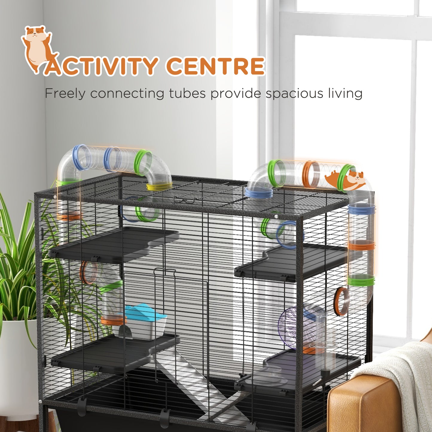 PawHut Small Animal Cage for Syrian Hamster, Gerbil Cage with Tubing System, Running Wheel, Ramps, Platforms