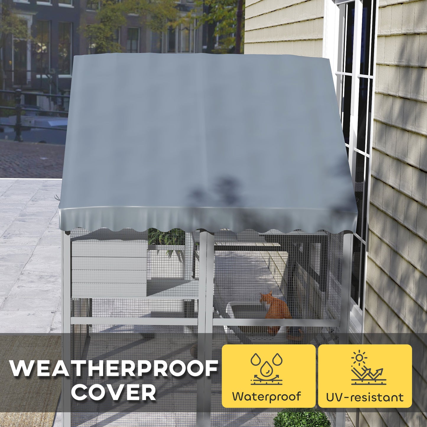 PawHut Wooden Catio Outdoor Cat Enclosure with Waterproof Cover, 2 Condos, 4 Platforms, Bridge, Doors, Gray